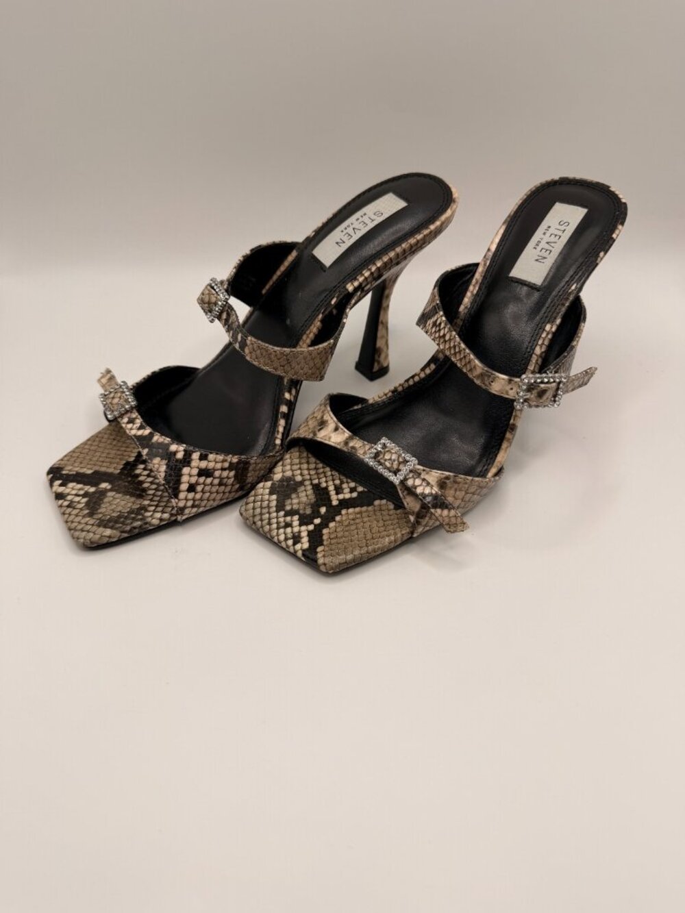 STEVEN NEW YORK Womens Lanie Sandal In Natural Snake Double Strap High Heel Sz 9